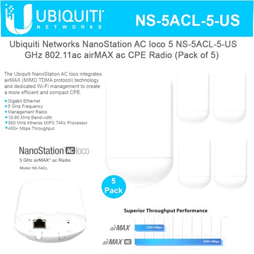 UBNT NanoStation Loco 5AC 5-Pack NS-5ACL-5-US 5GHz 802.11ac airMAX ac CPE Radio