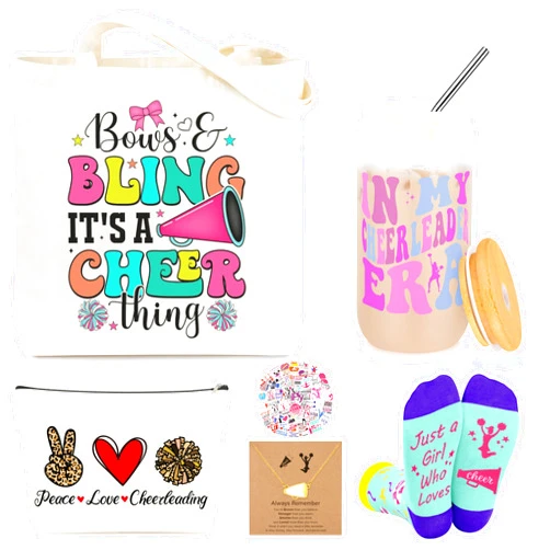 JoycuFF Cheerleader Gifts for Girls Cheer Gifts for Women Funny Cheer Leader Stuff Glass Cup Makeup Bag Necklace Set Christmas Gift Birthday Gift for Cheerleader