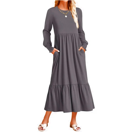 ZESICA Women's 2026 Fall Long Sleeve Dress Crewneck Casual Loose Pleated Tiered Swing Midi Dresses with Pockets