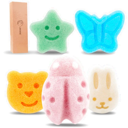 LMSMW Konjac Baby Sponge Set for Bathing - Natural Soft Bath Sponges for Infants Newborns Toddlers with Cute Cartoon Shapes Safe Organic Kids Baby Bath Loofahs Ideal for Toddler Bath Time (5pcs)