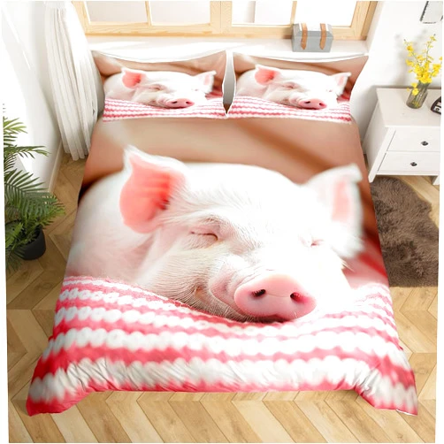 Castle Fairy Cute Pig Bedding Set Queen,Sleeping Pig Comforter Cover for Boys Girls,Kids Pink Stripes Duvet Cover Set Kawaii Animals Bedspread Cover Fashion Teens Bedroom Decor 3 Pcs Bed Collection(No Comforter)