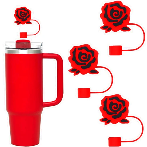 LDKEKDF Valentine's Day Straw Cover Cap for Stanley, 10mm Silicone Straw Tip Covers, Red Rose Cup Accesories for Stanley 30 & 40oz 3Pcs
