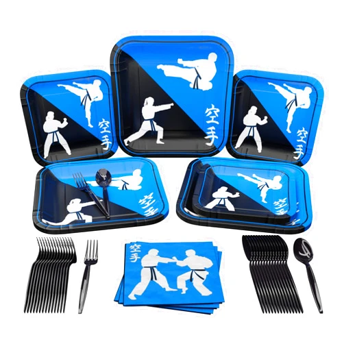 Blue Orchards Karate Party Supplies Packs (100 Pieces for 16 Guests) - Karate Birthday Decorations, Plates and Napkins, Taekwondo Party for Kids Birthday, Martial Arts Party