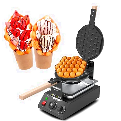 YINZINR Bubble Waffle Maker, 1400W Electric Nonstick Rotation Double-sided Heating Egg Cake Oven Puff Bread Maker w/Solid Wood Handle, Temperature & Time Adjustable,for Holiday Breakfast, Dessert Gift