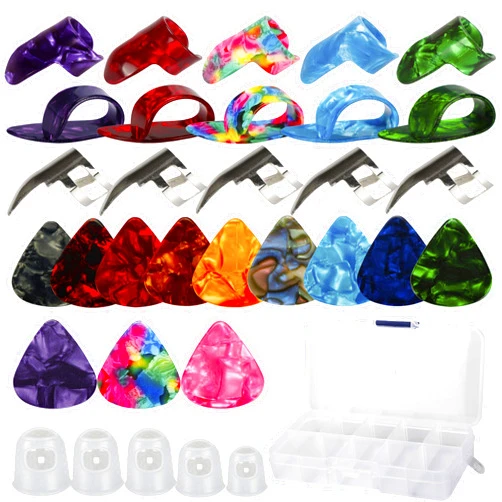 Bymore 56 pcs Guitar Accessories Kit Including 35 pcs Guitar Picks(0.46/0.6/0.71/0.81/0.96/1.2/1.5mm) 10pcs Plastic Thumb Finger Picks 5pcs Metal Finger Picks 5 pcs Finger Protectors with Grid Case Storage B