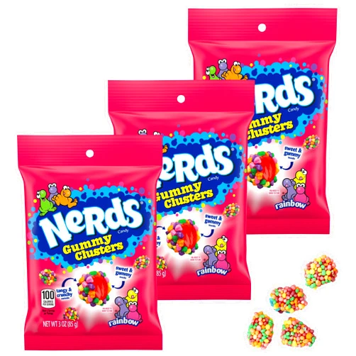 The Hampton Candy Company Nerds Gummy Clusters Rainbow, 3 Ounce Pouches (Pack of 3), 9oz Candy
