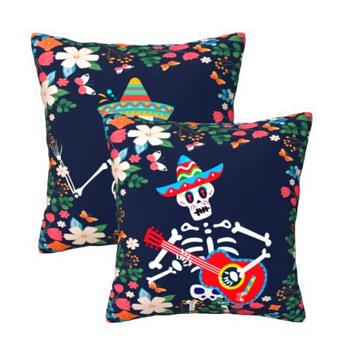 Yuejher 2PCS Day of The Dead Pillow Covers Mexican Sugar Skull Floral Pillowcase Dia De Los Muertos Square Cushion Cases Party Mexican Fiesta Decorations for Halloween Sofa Couch Bed Car 12x12in