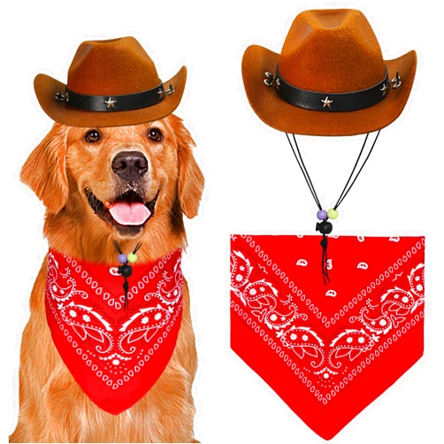 GOYOSWA Dog Halloween Costumes, Dog Cowboy Costume Halloween Dog Cowboy Hat Halloween Dog Bandana Scarf Funny Dog Halloween Costumes for Small Medium Large Dogs Pets (Brown Hat & Red Bandana, Large)