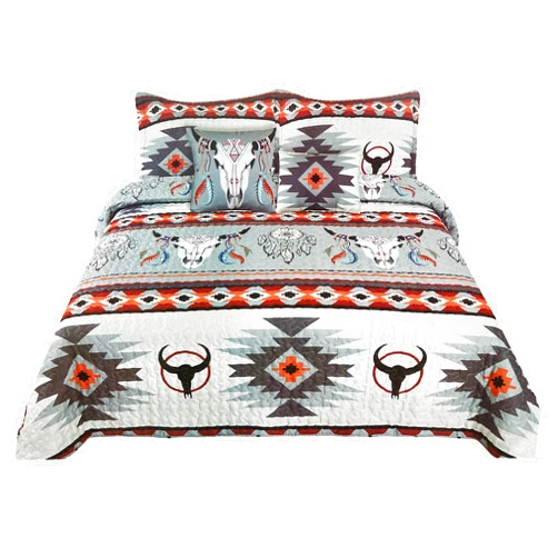 Western Peak 5 Piece Bull Skull Native Tribal Feather Artisan Southwestern Boho Design Quilt Bedding Set with Shams and Decorative Pillows (Tribal Grey, Queen)