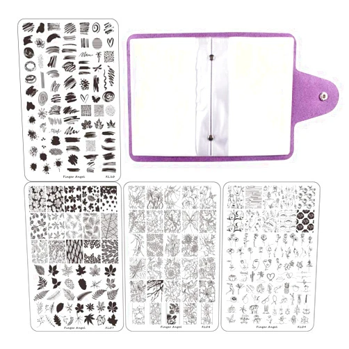 FingerAngel 4PCS XL Nail Art Stamp Plates with Stamping Image Plates Collection Manicure Tools Plate Organizers XL07-10