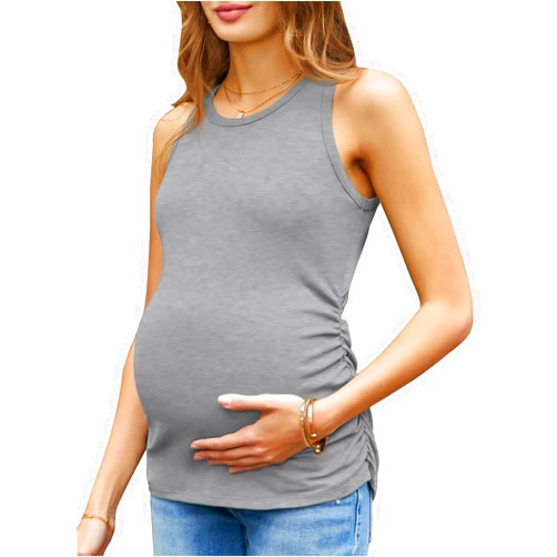 FMEYOA Women's Maternity Tank Tops Summer Sleeveless Crew Neck Ribbed Knit Slim Fitted Blouse Side Ruched Pregnancy Shirts