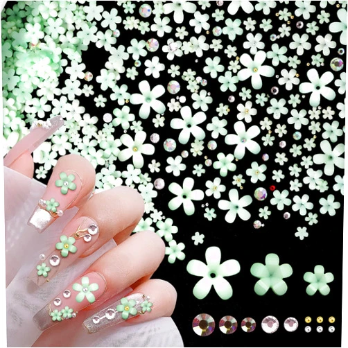 Tatiwoo 800 Pcs Tiny Flower Nail Charms, 3D Green Spring Flower Acrylic Nail Art Charms, Mixed Blossom Flower Nail Charms AB Nail Gems Charms Design for Women Nail Decorations