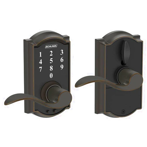 Schlage FE695 Camelot by Accent Keyless Touch Lever Lock with 16211 Latch 10063 Strike Aged Bronze Finish