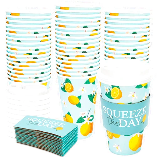 JarThenaAMCS 48 Pack Lemon Disposable Coffee Cups with Lids and Sleeves 16OZ Blue Yellow Lemon Paper Cups Drinking Cups for Lemonade Stand Supplies Kids Summer Fruit Party