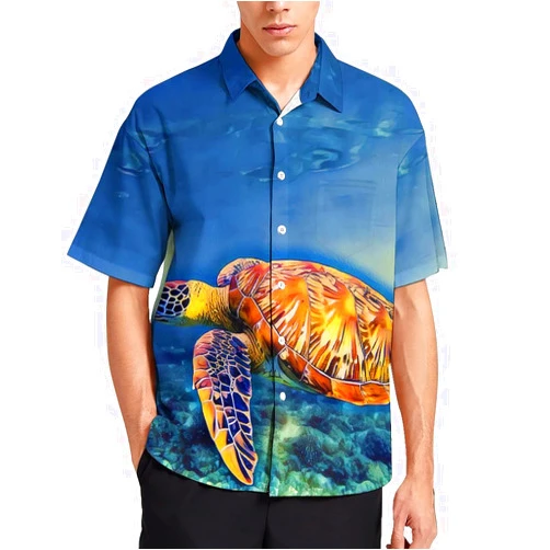 RIVNGJDE0078 Sea Turtle in Blue Sea Water Hawaiian Shirt for Men Lapel Pocket Button Down Short Sleeve Tees Tops