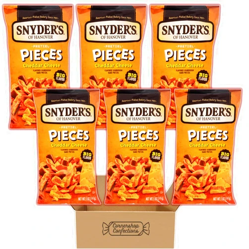 Cornershop Confections Sny-der's Pretzel Pieces Bundle Pack - Cheddar Cheese - 6 Individually Sealed 5 Ounce Bags - Flavored Sourdough Hard Pretzels - For Snacks, Lunches, Movies - In a Cornershop Confections Box