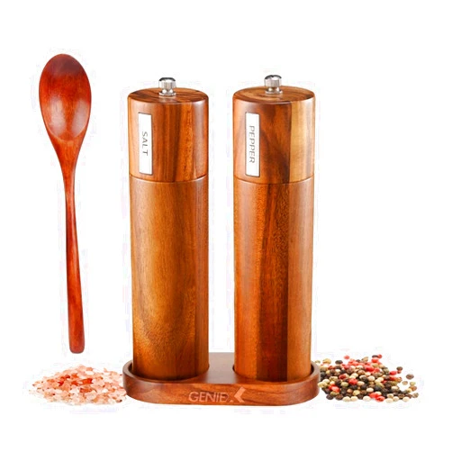 GENIEX KING Acacia Salt Pepper Wood Grinders, Wooden Salt and Pepper Grinder Set, Refillable and Adjustable, 8