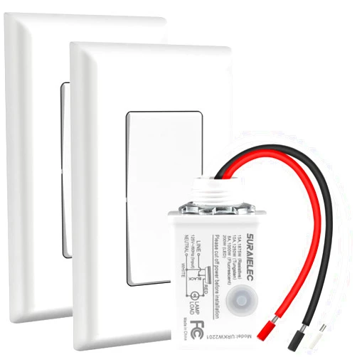 Suraielec Wireless Light Switch and Receiver Kit, 15A High Power, No Wiring, 100ft RF Range, Programmable Remote Control 3 Way Wall Switches for Lamp, Ceiling Light, Fan, Outdoor Lighting