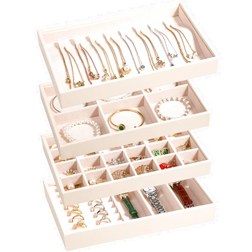 LANDICI Stackable Jewelry Organizer Trays 4 Set,PU Leather Jewelry Organizer Drawer,Jewelry Storage Display Tray for Earring Necklace Rings Bracelet with Removable Dividers,Apricot