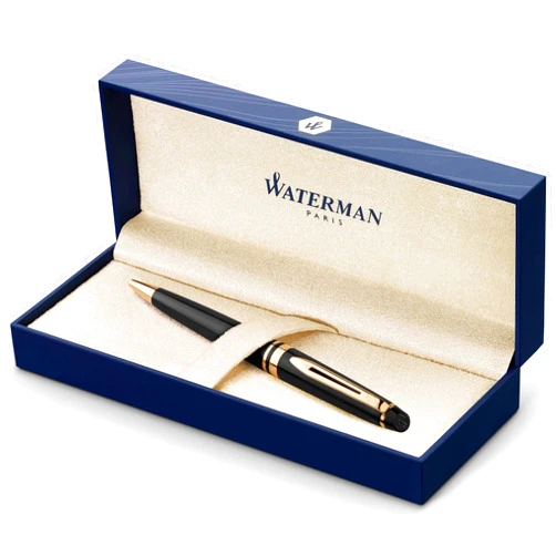 Waterman Expert Ballpoint Pen Black with golden trim Medium Tip Blue Ink Gift Box