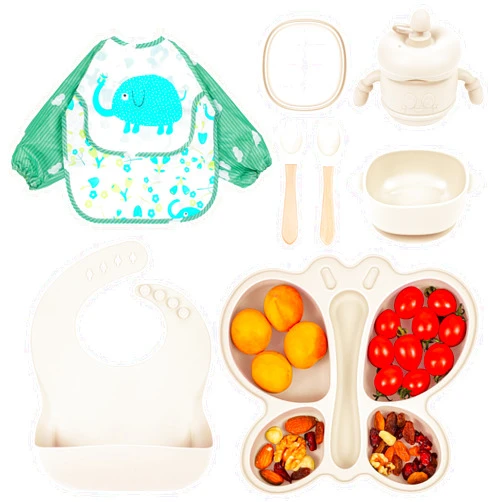 MIICASA Silicone Baby Feeding Set, Baby Led Weaning Supplies, Silicone Suction Butterfly Plate, Bowl, Spoons, Fork and Waterproof Bib & Cloth Bib, Eating Utensils Baby Feeding Essentials (Beige)