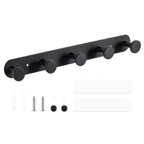 Dntorx Coat Hooks Wall Mounted, Black Coat Rack with 5 Hooks Adhesive & Screw in Door Hooks Heavy Duty Coat Hanger Towel Hooks for Wall Towels Clothes Hat