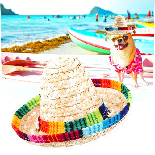 Pssopp Pet Mexican Sombrero Hat Pet Hat Mini Straw Sombrero Party Hat Multicolor Dog Cat Mexican Straw Sombrero Hat with Cotton Rope Adjustment for Small Pets Puppy Cat