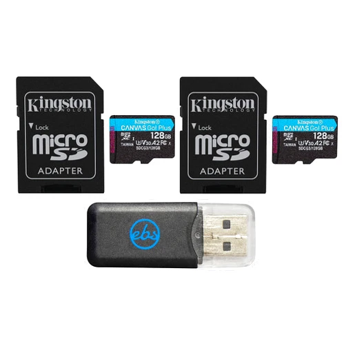 Kingston 128GB MicroSD Canvas Go Plus Memory Card (2 Pack) with Adapter Works with GoPro Hero 10 (Hero10) Class 10, SDXC (SDCG3/128GB) Bundle with (1) Everything But Stromboli MicroSD Card Reader
