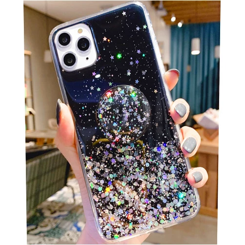 Winzizo for iPhone 15 Case Glitter with Ring Kickstand Sparkle Bling Women Girls Cute Cases Slim Soft Silicone Phone Protective Cover 6.1 inch (Black)