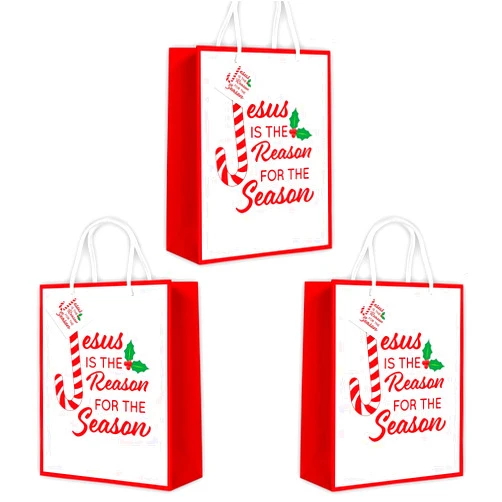 Needzo 3 Pack Jesus is the Reason for the Season Christmas Gift Bags Medium Size, Treat Favor Pape Bags with Handles, 9 3/4 Inch