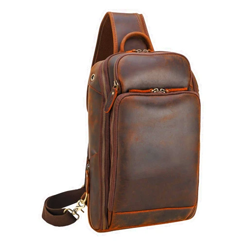 POLARE ORIGINAL Polare Modern Style Sling Shoulder Bag Men’s Travel/Hiking Daypack with Full Grain Italian Leather and YKK Zippers