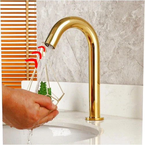 Focitland Gold Bathroom Faucet Touchless Hands Free Bathroom Sink Faucet Single Hole Stainless Steel Bathtub Faucet Automatic Sensor Vessel Sink Faucet Mixer Valve Bathroom Tap Vanity Deck Mount