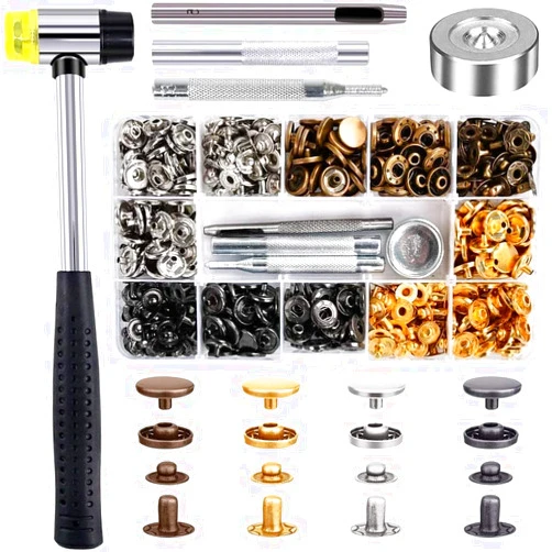 Qfun 120 Set Snap Fasteners Kit for Leather 12mm Metal Button Snaps Press Studs with 4 Setter Tools, 1 Hammer, 4 Color Leather Snaps for Clothes, Jackets, Jeans Wears, Bracelets, Bags