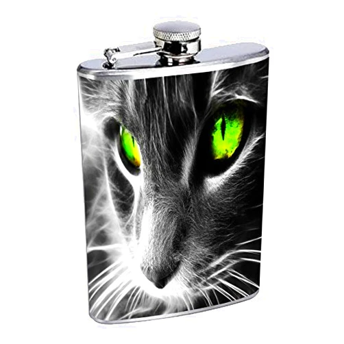 JS & Caren Cat Feline Eyes Flask S18 Stainless Steel 8oz Hip Silver Alcohol Whiskey Drinking Brandy Rum