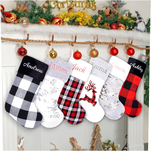 LUBOT Personalized Christmas Stockings Custom Names Large Plaid Family Christmas Stocking Red Black White Match Sequins Hanging for Xmas Holiday Decor 1 Piece