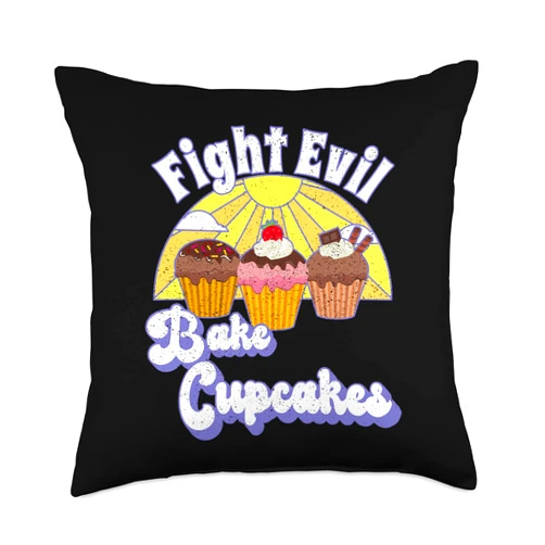 Fight Evil Make Baked Goods Happy Bread Baking Co. Fight Evil Bake Cupcakes Happy Hero Pastry Bread Baker Throw Pillow, 18x18, Multicolor