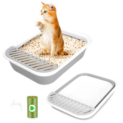 ShineMe Collapsible Kitty Litter Box, ShineMe Open Top Cat Litter Tray with Scoop and Litter Bag, Anti-Splashing Waterproof Cat Toilet Potty Pan 17.7” x 13.5”, Grey