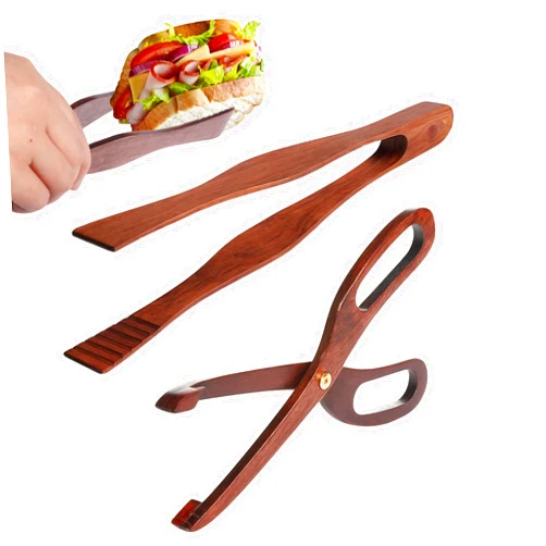 Liobelon 2 Pieces Bamboo Toaster Tongs and Wooden Scissor Tongs Reusable Wood Cooking Tongs Baking Tools Wooden Kitchen Toast Tongs for Cheese Bacon Muffin Fruits Bread