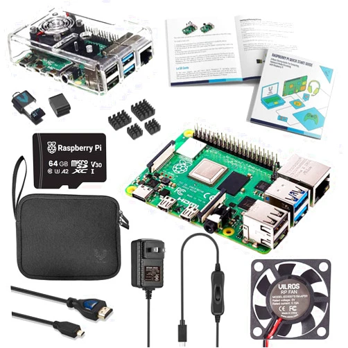 Vilros Raspberry Pi 4 Complete Starter Kit- Includes Raspberry Pi 4 Board, Fan Cooled Case, 64GB Preloaded Micro SD Card and More (4GB, Clear Transparent Case)