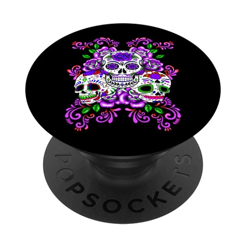Atteestude Triple Skull Purple Floral Day Of The Dead Sugar Skulls PopSockets PopGrip: Swappable Grip for Phones & Tablets