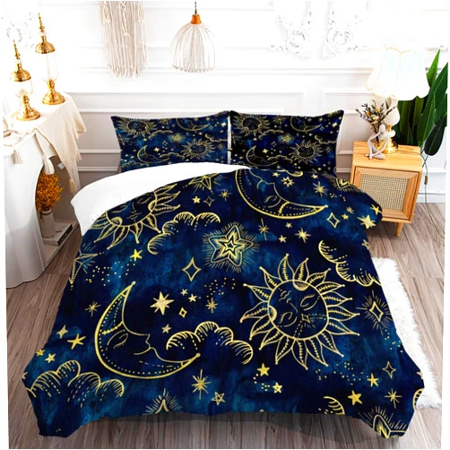 FUYEUN Celestial Comforter Set Queen Size Blue Gold Sun and Moon Boho Bedding for Kids Adult Women Teens Universe Galaxy Bohemian Exotic Gothic Quilt 1 Comforter + 2 Pillow Cases