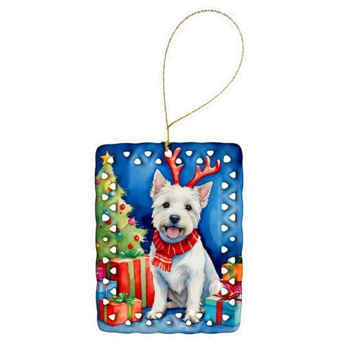 Caroline's Treasures Westie Christmas Reindeer Porcelain Ornament Christmas Tree Hanging Decorations for Home Christmas Holiday, Rectangle, Gift, Multicolor
