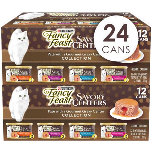 Fancy Feast Purina Fancy Feast Pate Wet Cat Food Variety Pack, Savory Centers Pate With a Gravy Center - (2 Packs of 12) 3 oz. Pull-Top Cans