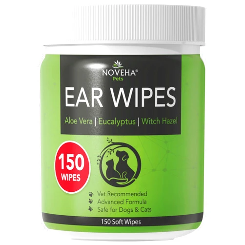 NOVEHA 150PCs Dog Ear Cleaner Wipes, Daily Ear Cleaner for Dogs & Cats - Stop Ear Itching with Aloe, Eucalyptus & Witch Hazel Ear Wipes for Dogs - for Odor Control, Dirt and Wax Removal, Unscented