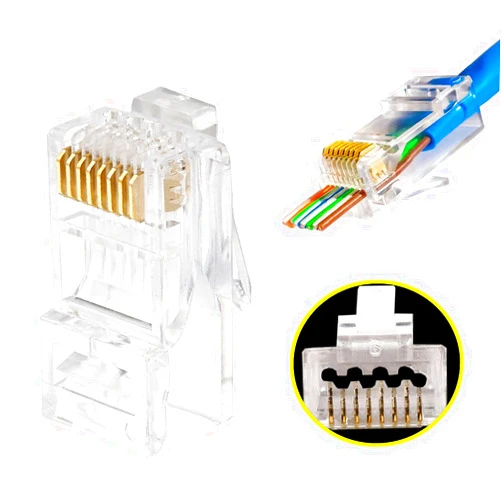 PETECHTOOL 100-Pack RJ45 Pass Through Connector 23AWG Cat6a Cat6 Ethernet Connector Gold Plated 8P8C RJ45 Ends for Solid or Stranded UTP Ethernet Cable