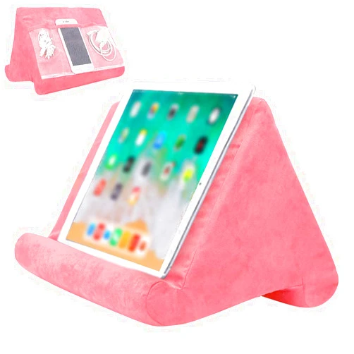 Souleden Tablet Soft Pillow Stand with Mesh Storage Pockets Multi-Angle Soft Bed Pillow Holder Lap Stand for Tablets Readers Books Magazines Kindle Pink