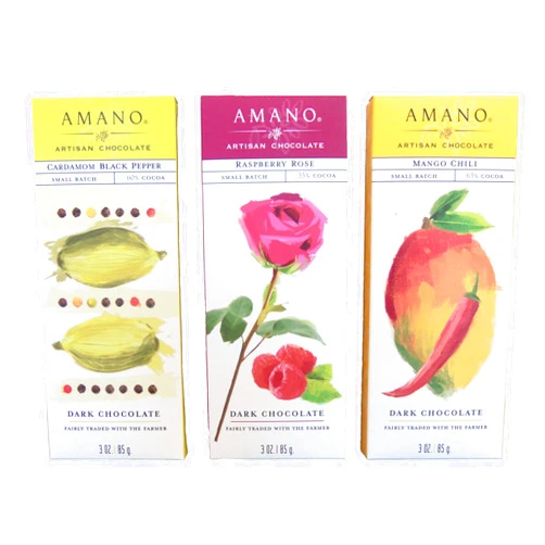 Amano Artisan Flavored Dark Chocolate Bar Variety Trio - Cardamom Black Pepper, Raspberry Rose, & Mango Chili - 3 Bars, 3 Ounces Per Bar - International Chocolate Awards Winners!