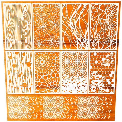 Boqon 8 Pieces Stencils for Crafts Reusable Texture Spider Stencils Net Wood Grain Stone Spray Paint Layering Stencil Templates for DIY Scrapbook