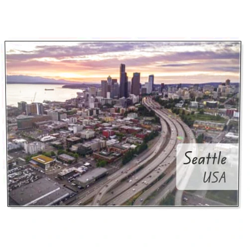 Photomagnet Sunset Afterglow on Seattle, Washington with Helicopter Angle of City Skyline, Fridge Magnet