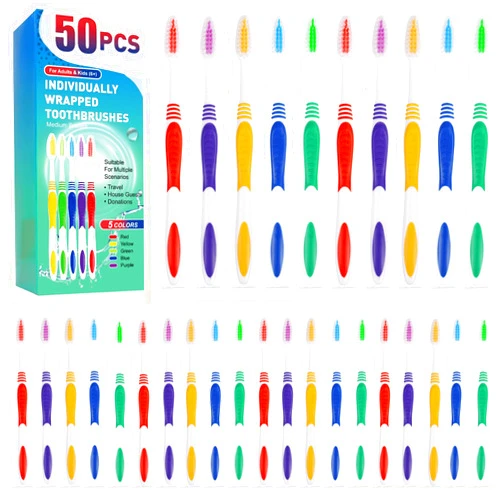 Navona 50 PCS Individually Wrapped Bulk Toothbrush Pack, Disposable Toothbrushes, Soft Toothbrushes for Adults, Kids Toothbrush, Soft Bristle, Ergonomics Handle, Perfect for Travel, Hotel, Donation